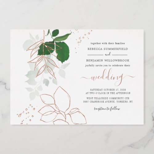 Eucalyptus Greenery Geometric Wedding Rose Gold Foil Invitation