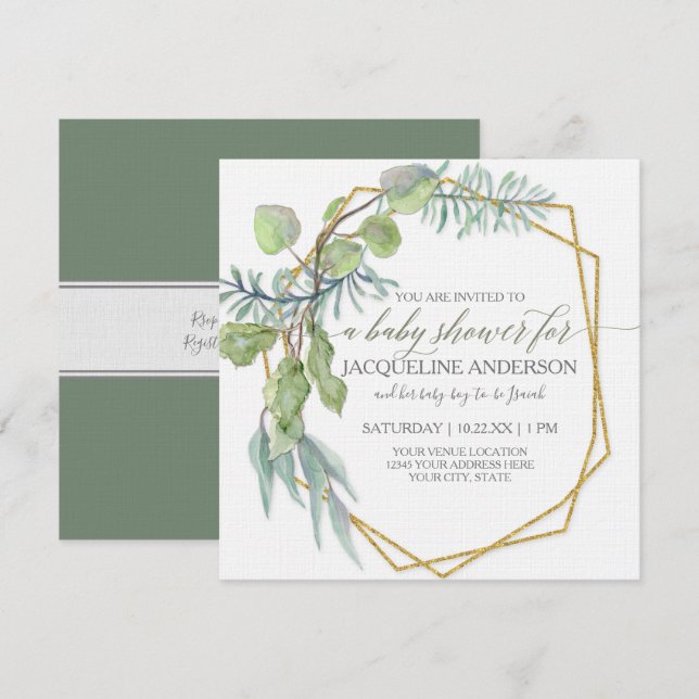 Eucalyptus Greenery Geometric Wreath Baby Shower Invitation (Front/Back)