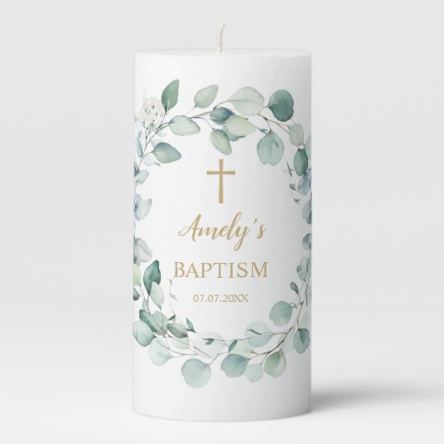 Eucalyptus Greenery Girl Baptism Pillar Candle