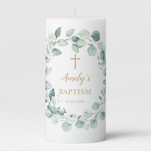 Eucalyptus Greenery Girl Baptism Pillar Candle (Front)