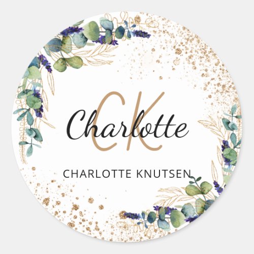 Eucalyptus greenery glitter monogram thank you  classic round sticker