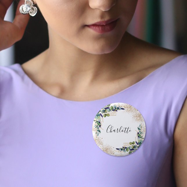 Eucalyptus greenery glitter name tag button (Creator Uploaded)