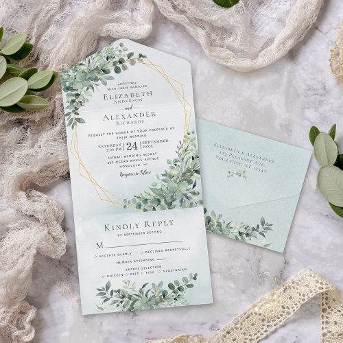 Eucalyptus Greenery Gold All in One Wedding Invite