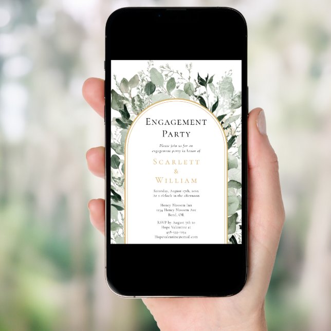 Eucalyptus Greenery Gold Arch Engagement Party Invitation (Front Digital)