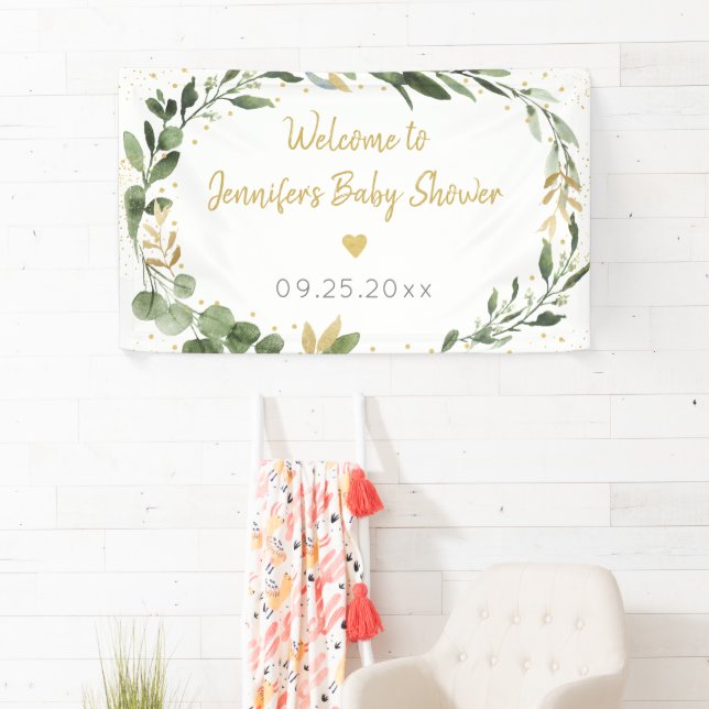 Eucalyptus Greenery Gold Baby Shower Banner (Insitu)