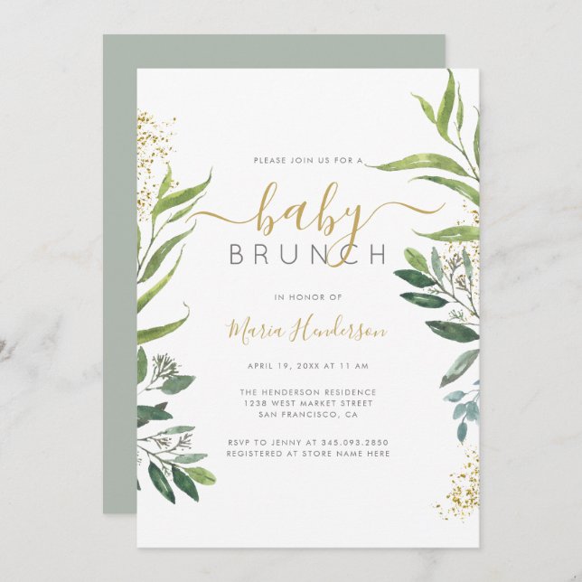 Eucalyptus Greenery & Gold Baby Shower Brunch Invitation (Front/Back)