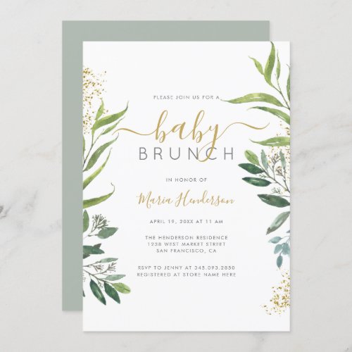 Eucalyptus Greenery  Gold Baby Shower Brunch Invitation