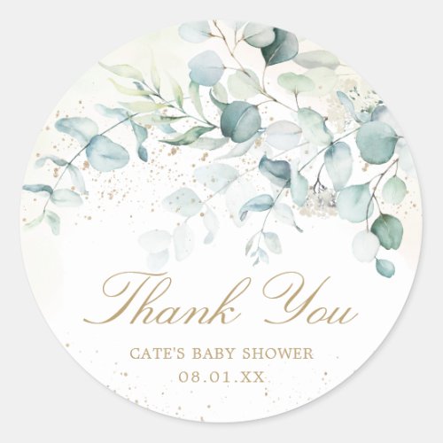 Eucalyptus Greenery Gold Baby Shower Thank You Classic Round Sticker