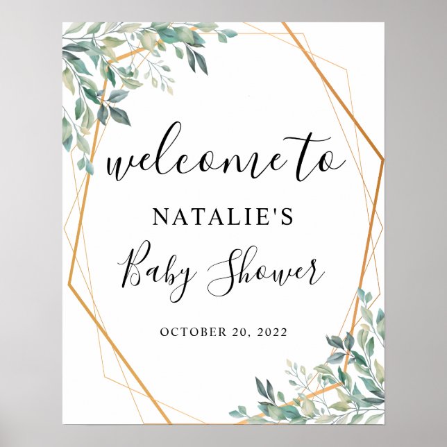 Eucalyptus Greenery Gold Baby Shower Welcome Sign (Front)