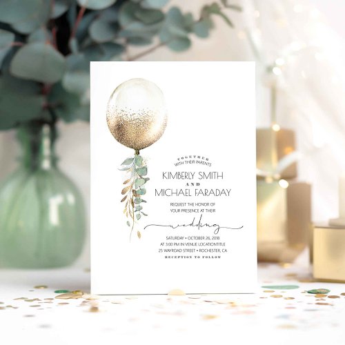 Eucalyptus Greenery Gold Balloon Elegant Wedding Invitation