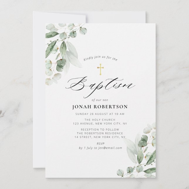 eucalyptus greenery gold baptism invitation (Front)