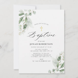 eucalyptus greenery gold baptism invitation