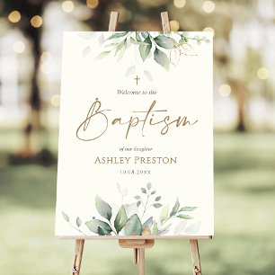 Eucalyptus Greenery Gold Baptism Welcome Sign