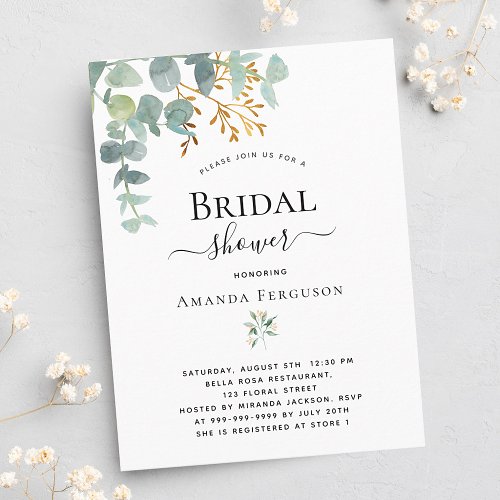 Eucalyptus greenery gold bridal shower invitation postcard