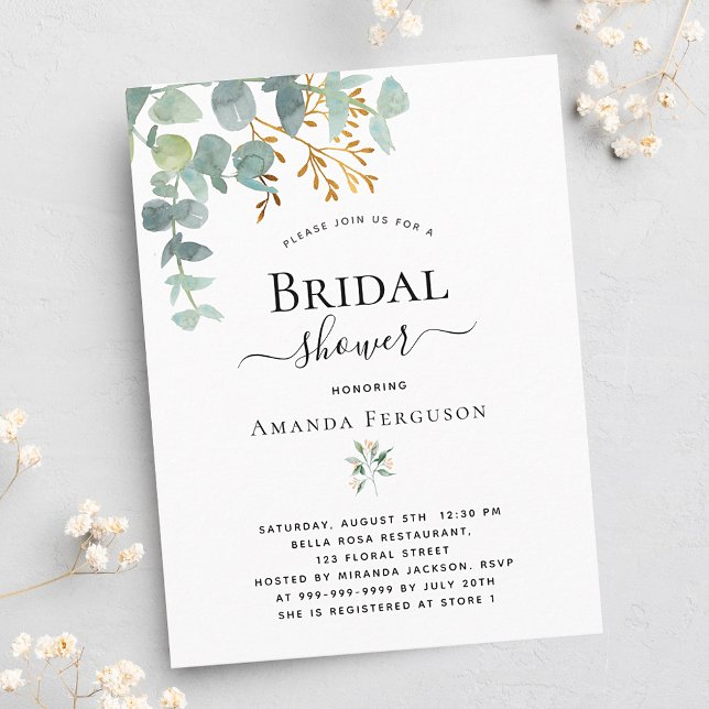 Eucalyptus greenery gold bridal shower invitation postcard (Creator Uploaded)
