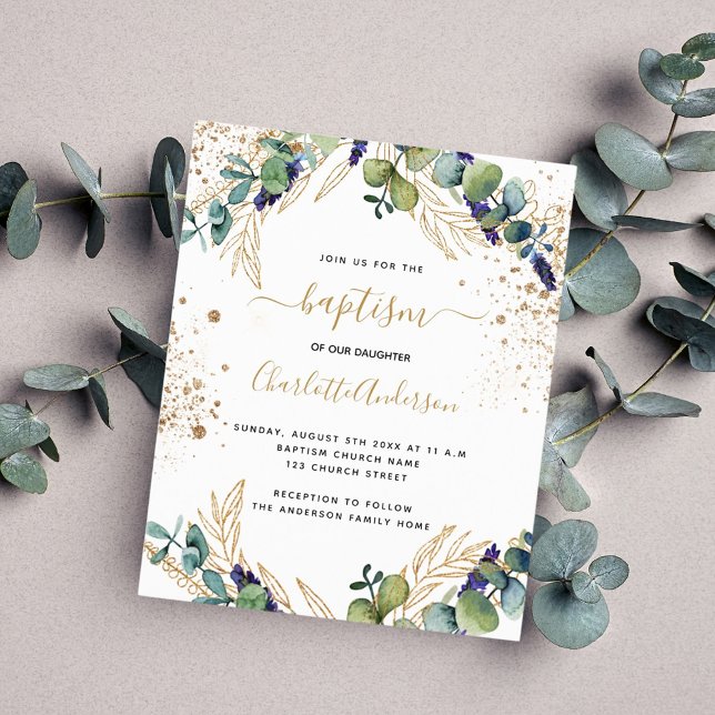Eucalyptus greenery gold budget baptism invitation (Creator Uploaded)