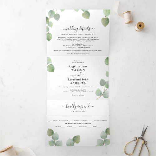 Eucalyptus Greenery  Gold Classic Wedding Tri_Fold Invitation
