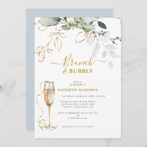 Eucalyptus Greenery Gold Dusty Blue Bridal Shower  Invitation