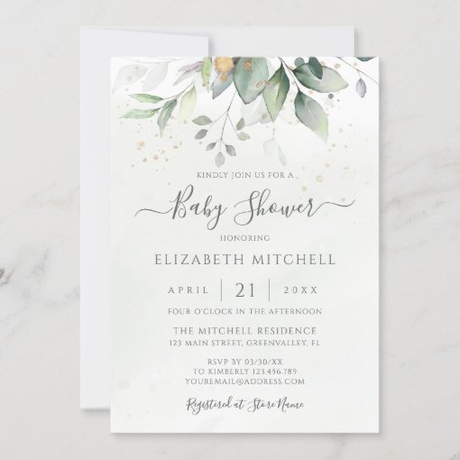 Eucalyptus Greenery Gold Elegant Baby Shower Invitation | Zazzle