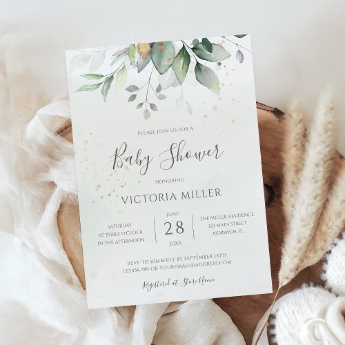 Eucalyptus Greenery Gold Elegant Baby Shower Invitation