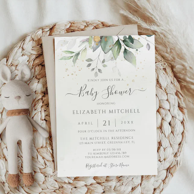 Eucalyptus Greenery Gold Elegant Baby Shower Invitation | Zazzle