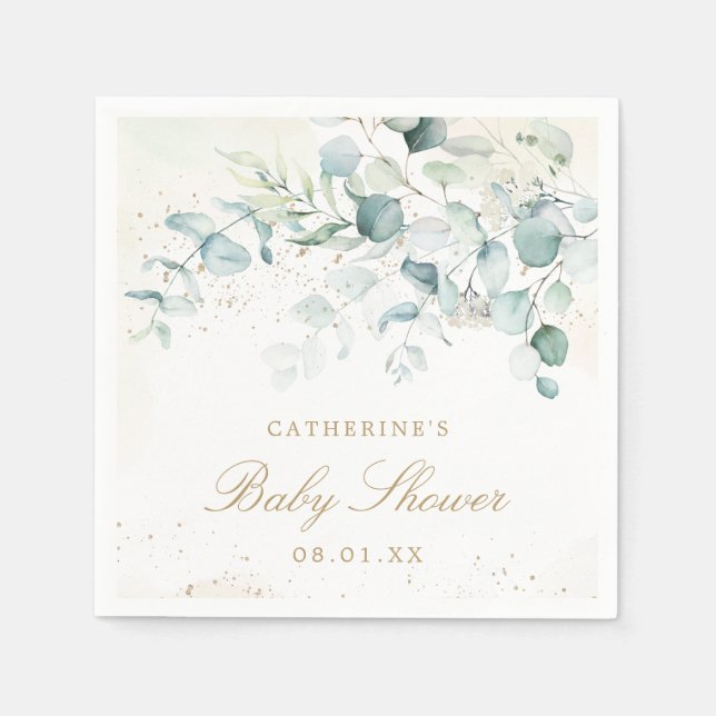 Eucalyptus Greenery Gold Elegant Girl Baby Shower Napkins (Front)