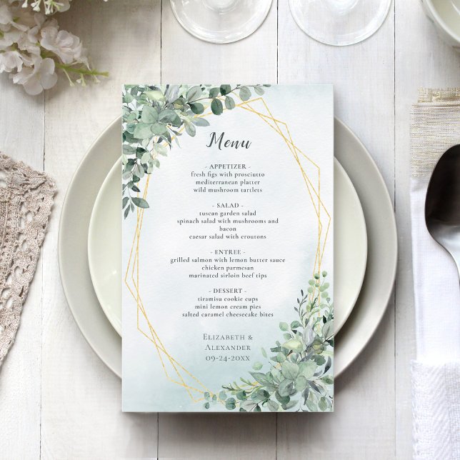 Eucalyptus Greenery Gold Elegant Wedding Menu (Creator Uploaded)