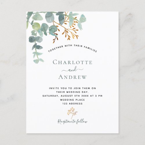 Eucalyptus greenery gold elegant wedding postcard