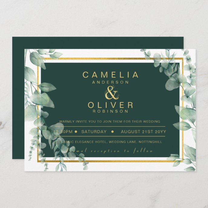 Eucalyptus Greenery Gold Emerald Wedding QR CODE I Invitation