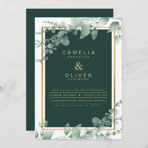 Eucalyptus Greenery Gold Emerald Wedding QR CODE Invitation