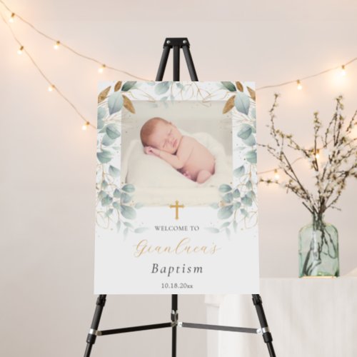 Eucalyptus Greenery Gold Foil Baptism Welcome Sign