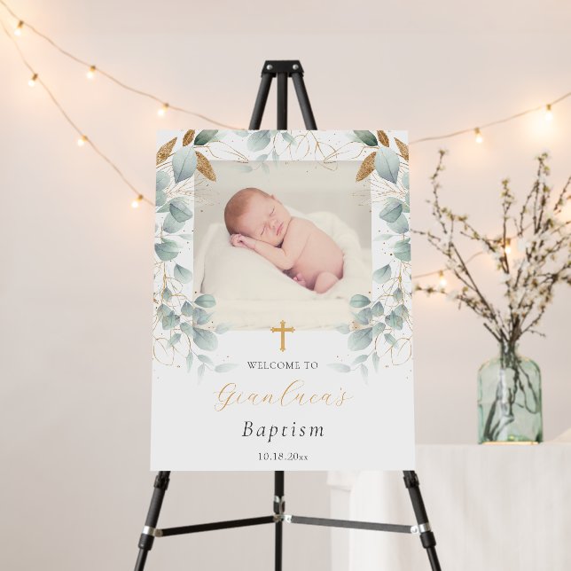Eucalyptus Greenery Gold Foil Baptism Welcome Sign (In Situ (Stand))