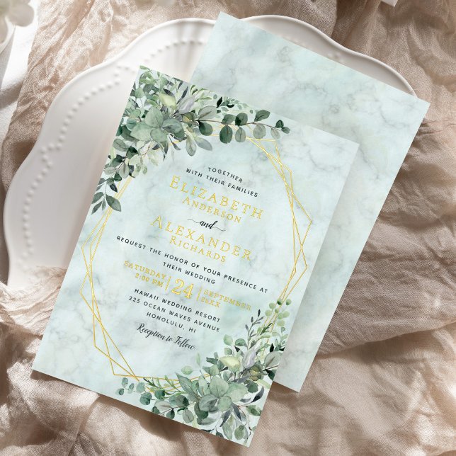 Eucalyptus Greenery Gold Foil Marble Wedding Foil Invitation (Creator Uploaded)