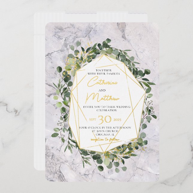 Eucalyptus Greenery Gold Frame Marble Wedding Foil Invitation (Envelope)