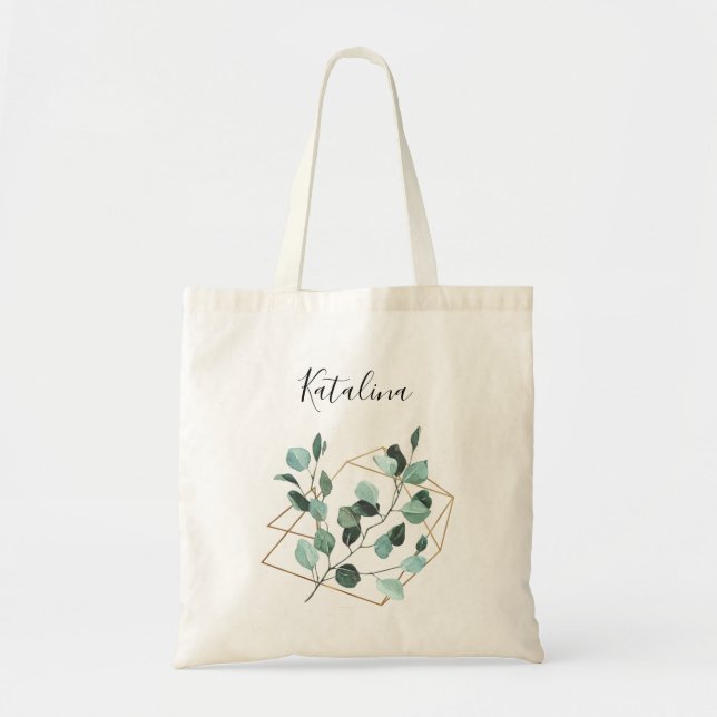 Eucalyptus Greenery & Gold Frame & Name Tote Bag (Front)