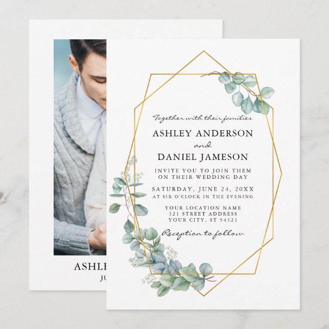 Eucalyptus Greenery Gold Frame Photo Wedding Invitation (Front/Back)