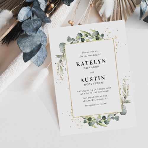 eucalyptus greenery gold frame wedding invitation