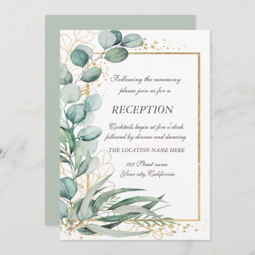 Eucalyptus Greenery Gold Frame Wedding Reception  Invitation