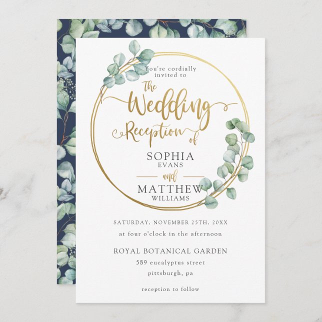 Eucalyptus Greenery Gold Frame Wedding Reception Invitation (Front/Back)