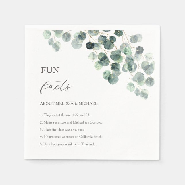 Eucalyptus Greenery Gold Fun Facts Wedding  Napkins (Front)