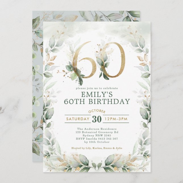 Eucalyptus Greenery Gold Garden 60th Birthday   Invitation (Front/Back)