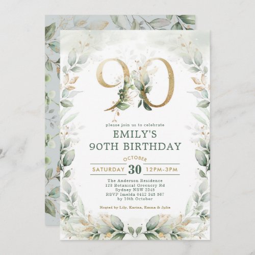 Eucalyptus Greenery Gold Garden 90th Birthday Invitation
