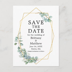 Eucalyptus Greenery Gold Geo Frame Save The Date Postcard