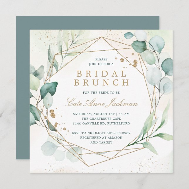 Eucalyptus Greenery Gold Geometric Bridal Brunch Invitation (Front/Back)