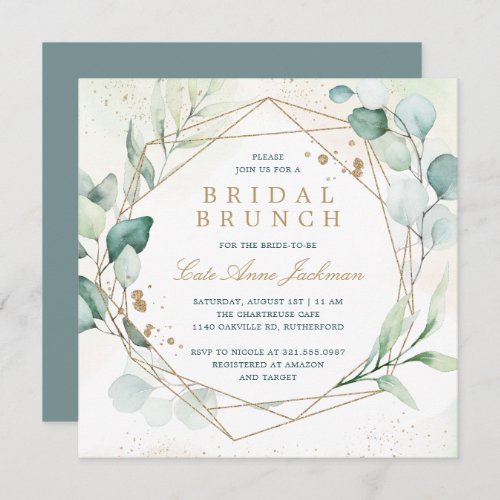 Eucalyptus Greenery Gold Geometric Bridal Brunch Invitation