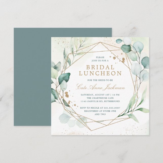 Eucalyptus Greenery Gold Geometric Bridal Luncheon Invitation (Front/Back)