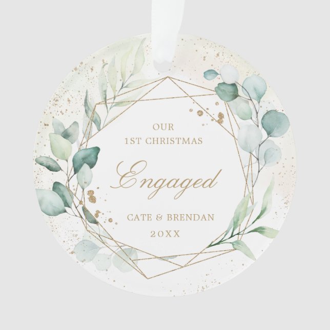 Eucalyptus Greenery Gold Geometric Engaged Photo Ornament (Front)