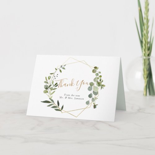 Eucalyptus Greenery Gold Geometric Frame Thank You Card - Designed to coordinate with our Mixed Greenery wedding collection, this customizable Thank You card features a gold geometric frame accented with mixed watercolor greenery foliage, paired with text in gold and gray. Add custom text in elegant lettering, as well as an optional inside message.