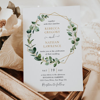 Eucalyptus Greenery Gold Geometric Frame Wedding Invitation by PeachBloome at Zazzle