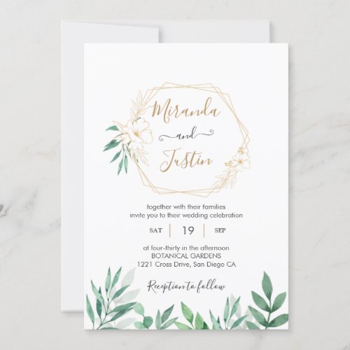 Eucalyptus Greenery Gold Geometric Frame Wedding Invitation